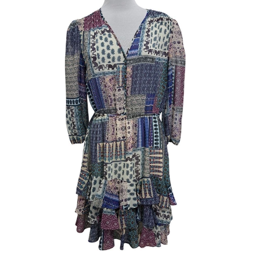 Hiche Colorful Patchwork Animal Print Boho Casual Tiered Dress Medium Multi Colo